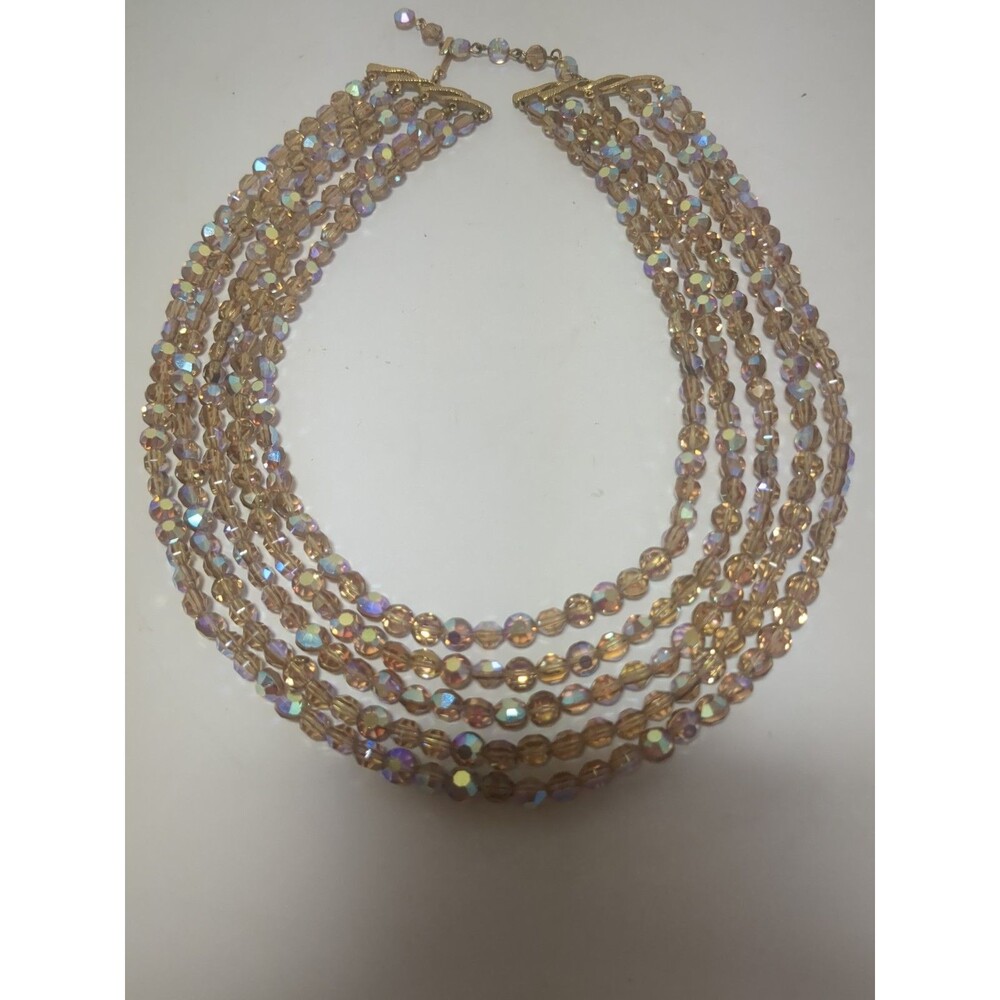 Vintage 5 Strand Aurora Borealis Faceted Glass Bead Necklace Gold Tone AB